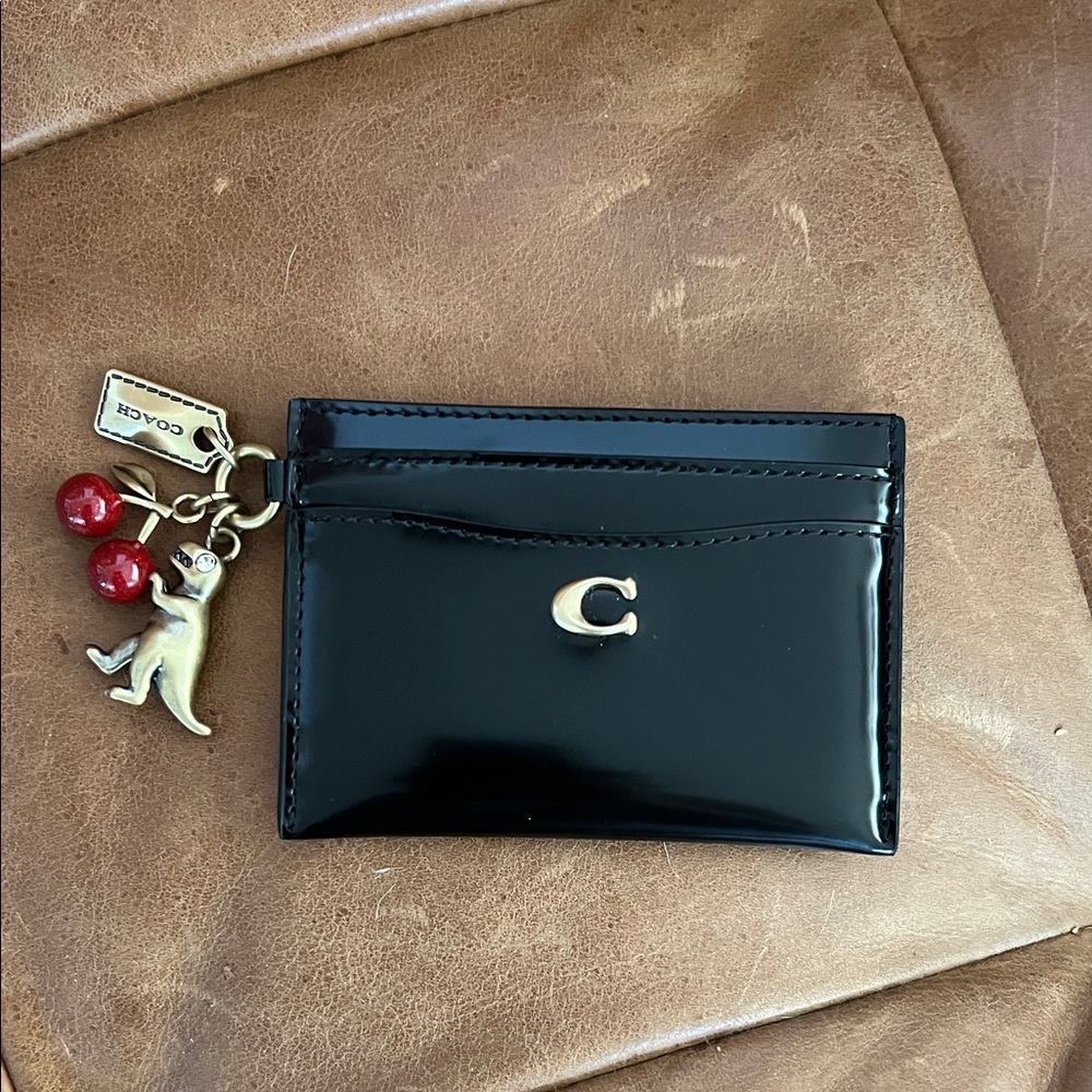 Coach Spazzolato Essential Card Case with Charms Black Leather
